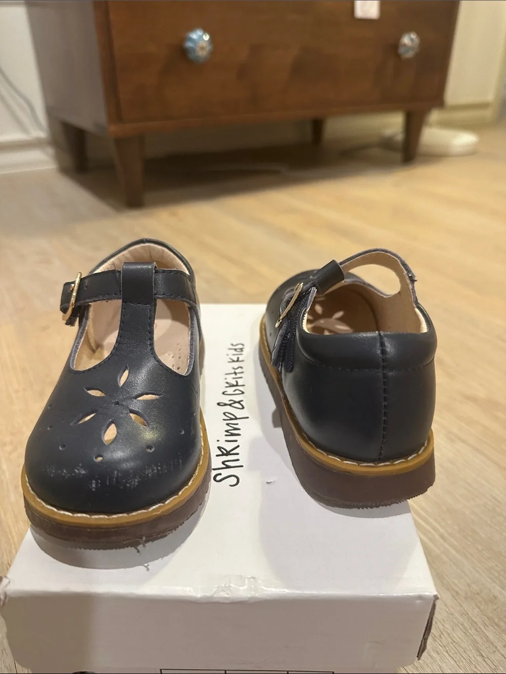 Girls Navy T-Strap Dress Shoes with Floral Cutouts